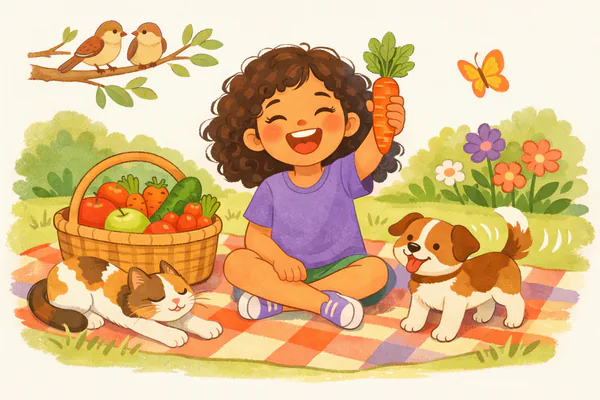 Bahçede piknik: meyve ve sebze sepeti, kedi, köpek ve kuşlar; kız elinde havuçla gülüyor