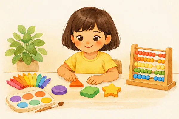 Masada renkli ahşap şekiller, pastel boyalar, sulu boya paleti ve sayı boncuklarıyla oynayan küçük kız