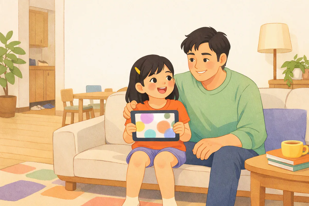 소파에서 아이가 태블릿을 보며 웃으며 말하고, 아빠가 옆에서 어깨를 감싸고 지켜보고 있다