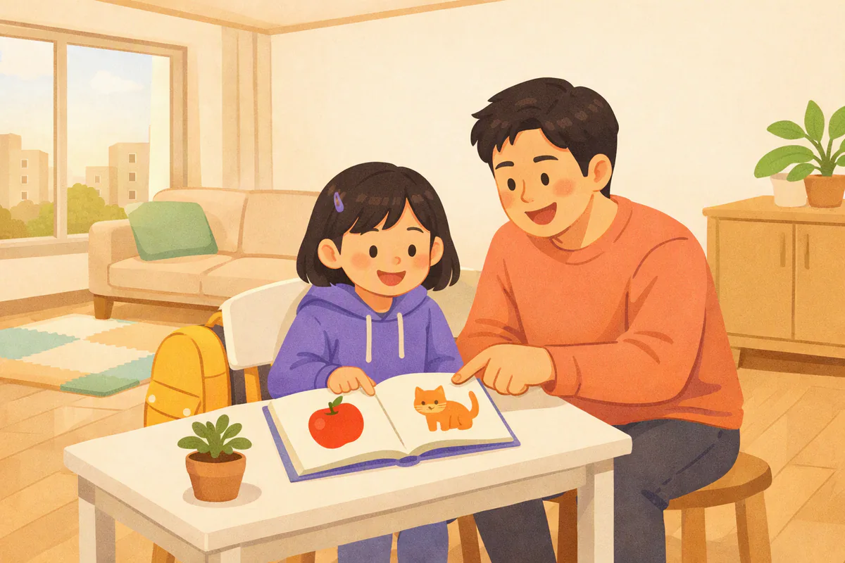 방과 후 집 책상에서 초등학생 아이와 아빠가 그림책의 사과 그림을 함께 가리키며 웃고 있다