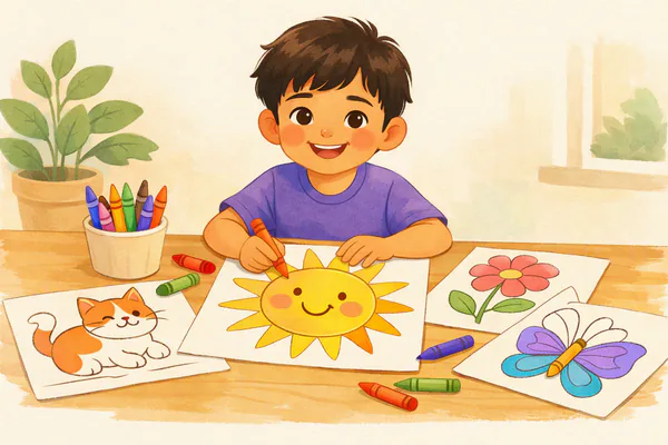 Güneş boyama sayfasını boyayan oğlan; masada kedi, çiçek ve kelebek boyama sayfaları ile pastel boyalar