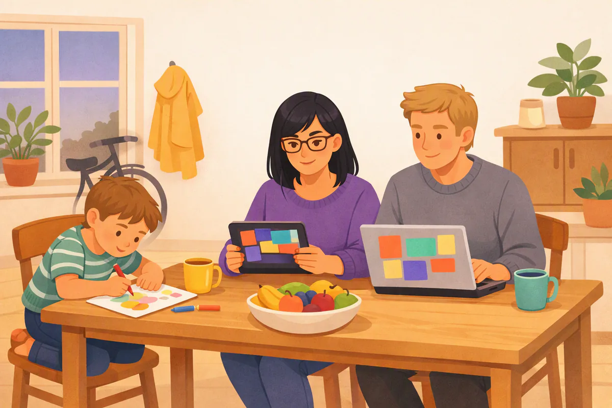 Twee ouders vergelijken aan de keukentafel op een tablet en een laptop, hun zoon kleurt naast hen een tekening
