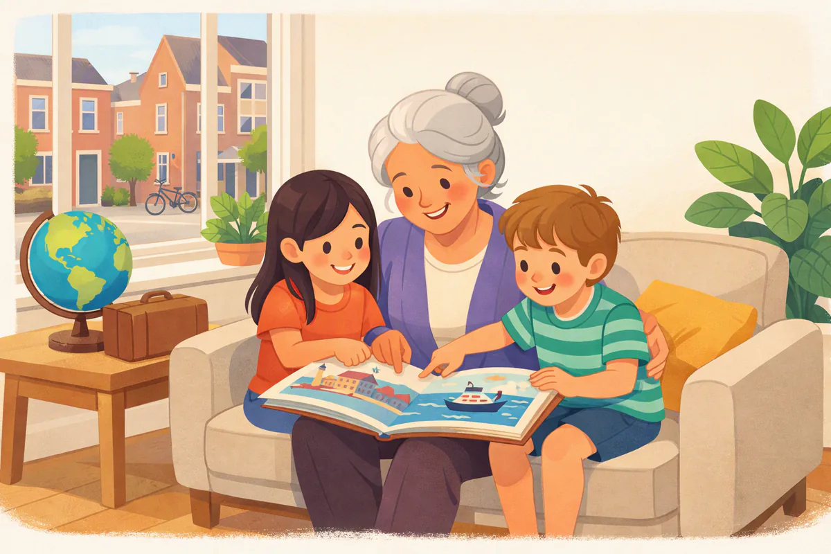 Een oma bekijkt op de bank met haar twee kleinkinderen een prentenboek en ze wijzen samen een boot aan; naast hen staat een wereldbol