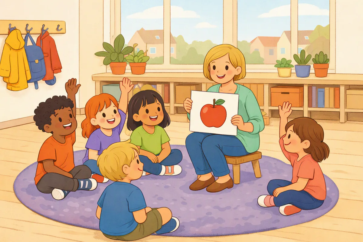 Een juf houdt in een lichte klas een plaatjeskaart met een appel omhoog; kinderen op het kleed steken hun vinger op