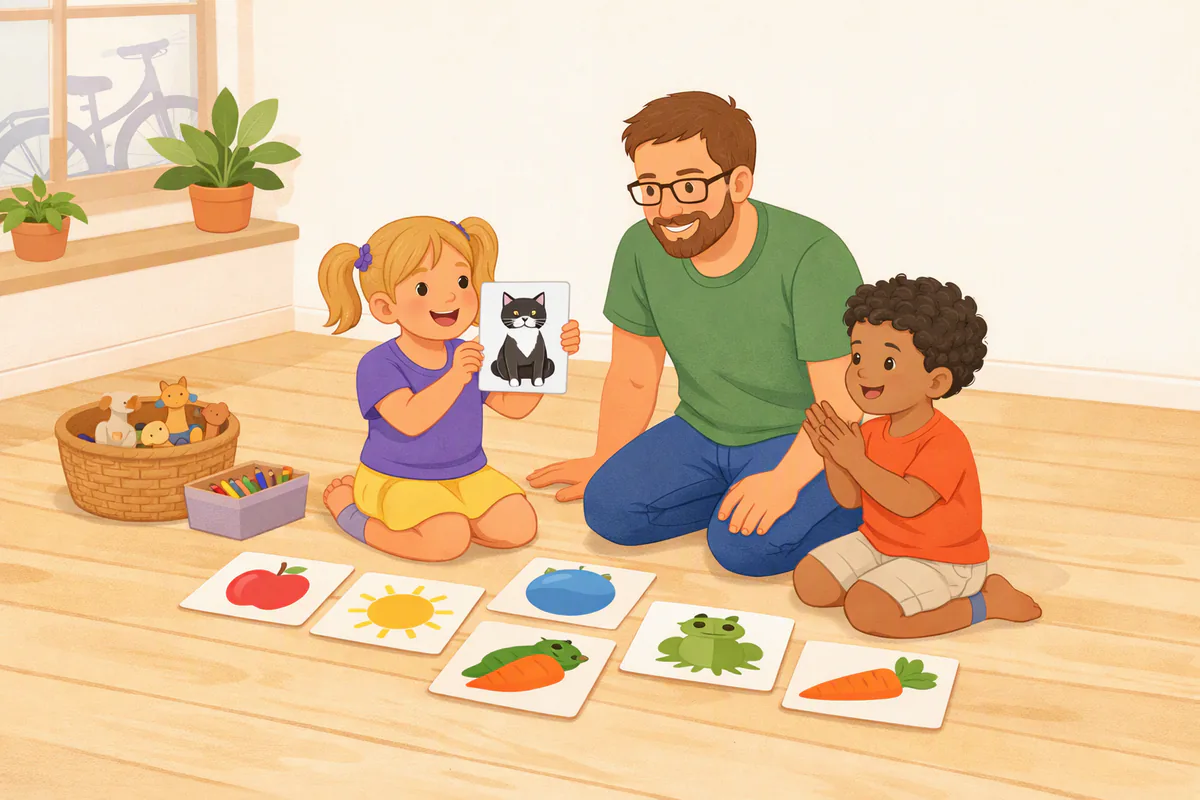 Een vader en twee kinderen zitten op de vloer tussen grote plaatjeskaarten; het meisje houdt een kaart met een kat omhoog