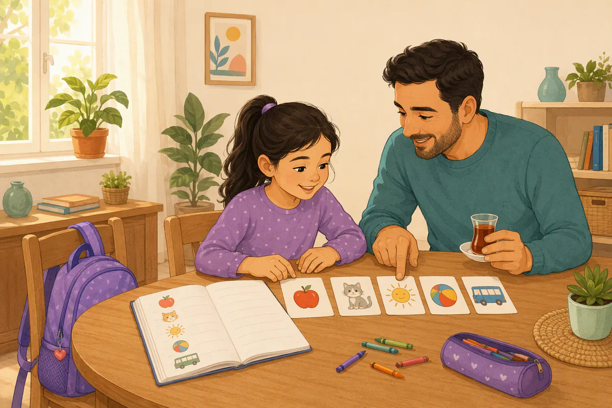 Masasında resimli kartlar ve defteriyle çalışan kız; babası çay bardağıyla yanına eğilmiş, bir kartı gösteriyor