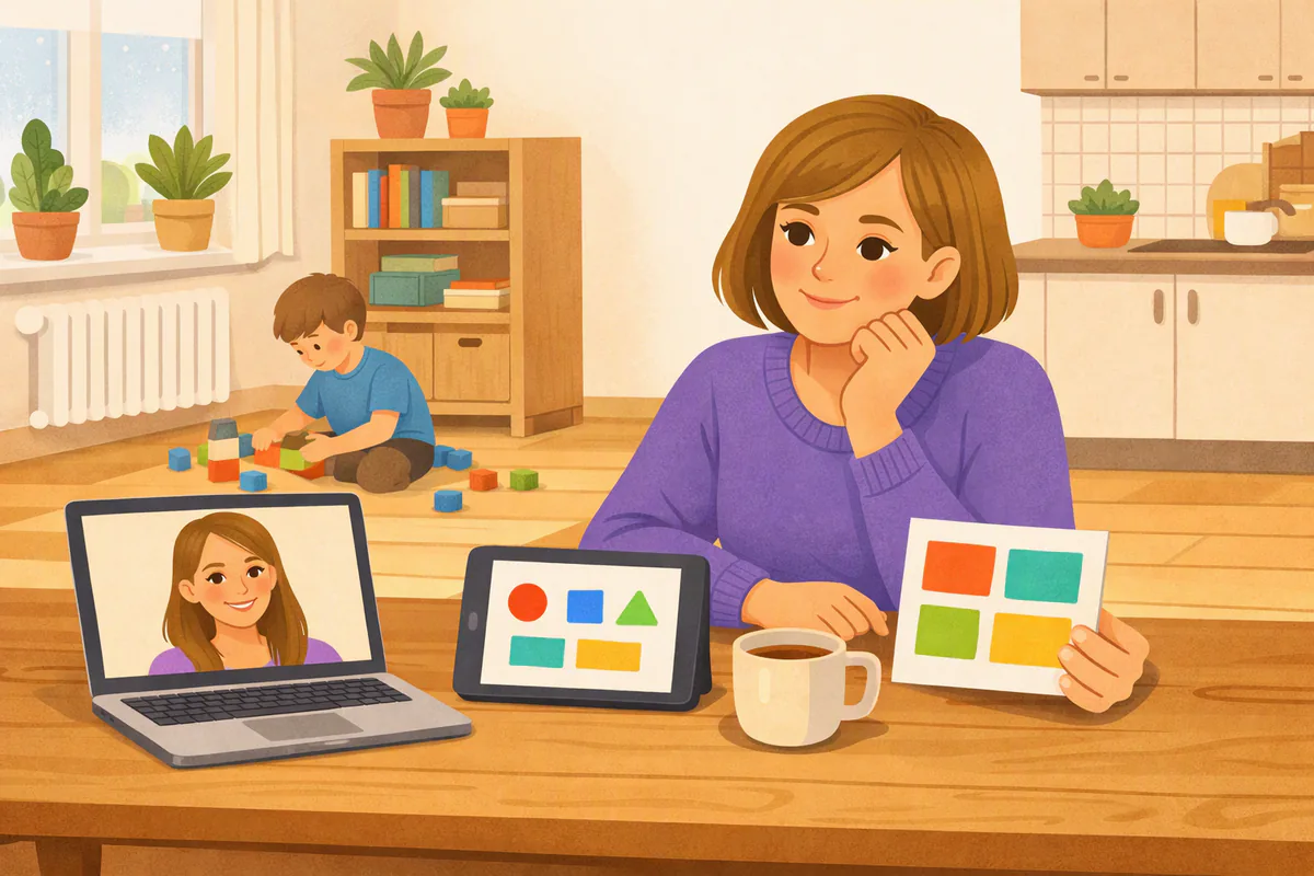 Mama przy kuchennym stole porównuje laptopa z lekcją online, tablet i ulotkę, a syn bawi się klockami w tle