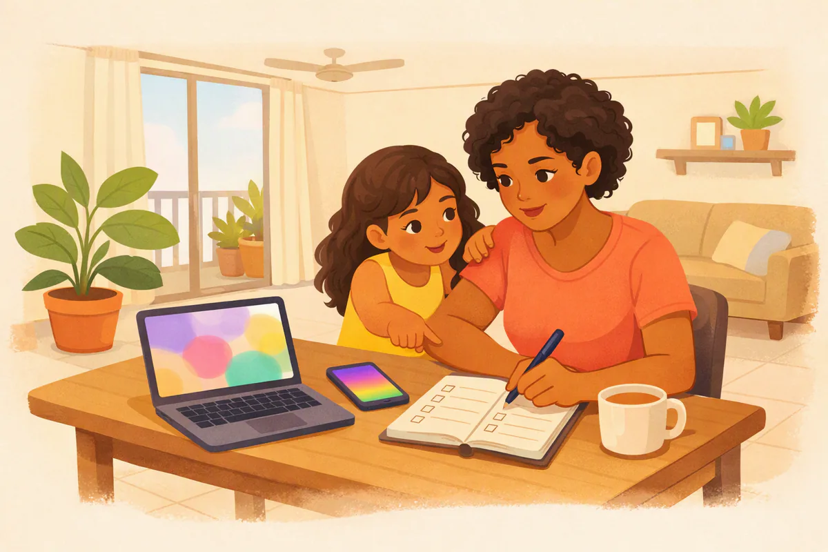 Mãe compara opções no notebook e no celular, com um caderno ao lado, enquanto a filha de seis anos aponta para a tela