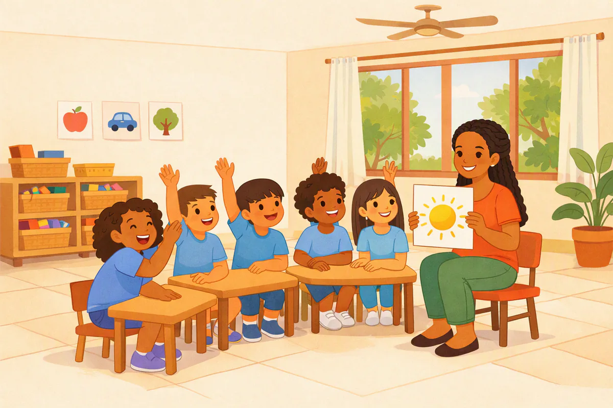 Professora mostra um cartão com um sol desenhado para crianças de sete anos que levantam a mão numa sala de aula