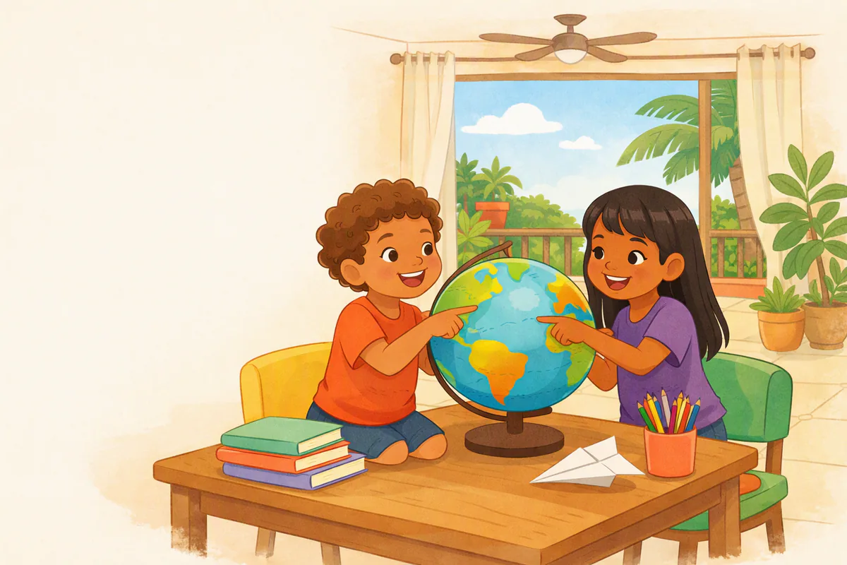 Dois irmãos giram um globo terrestre colorido na escrivaninha e apontam lugares diferentes, perto da janela
