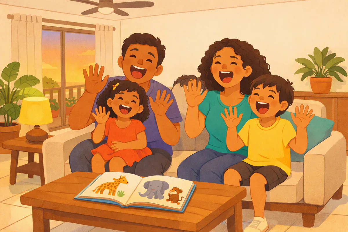 Pai, mãe e dois filhos riem e cantam juntos no sofá da sala, fazendo o mesmo gesto com as mãos