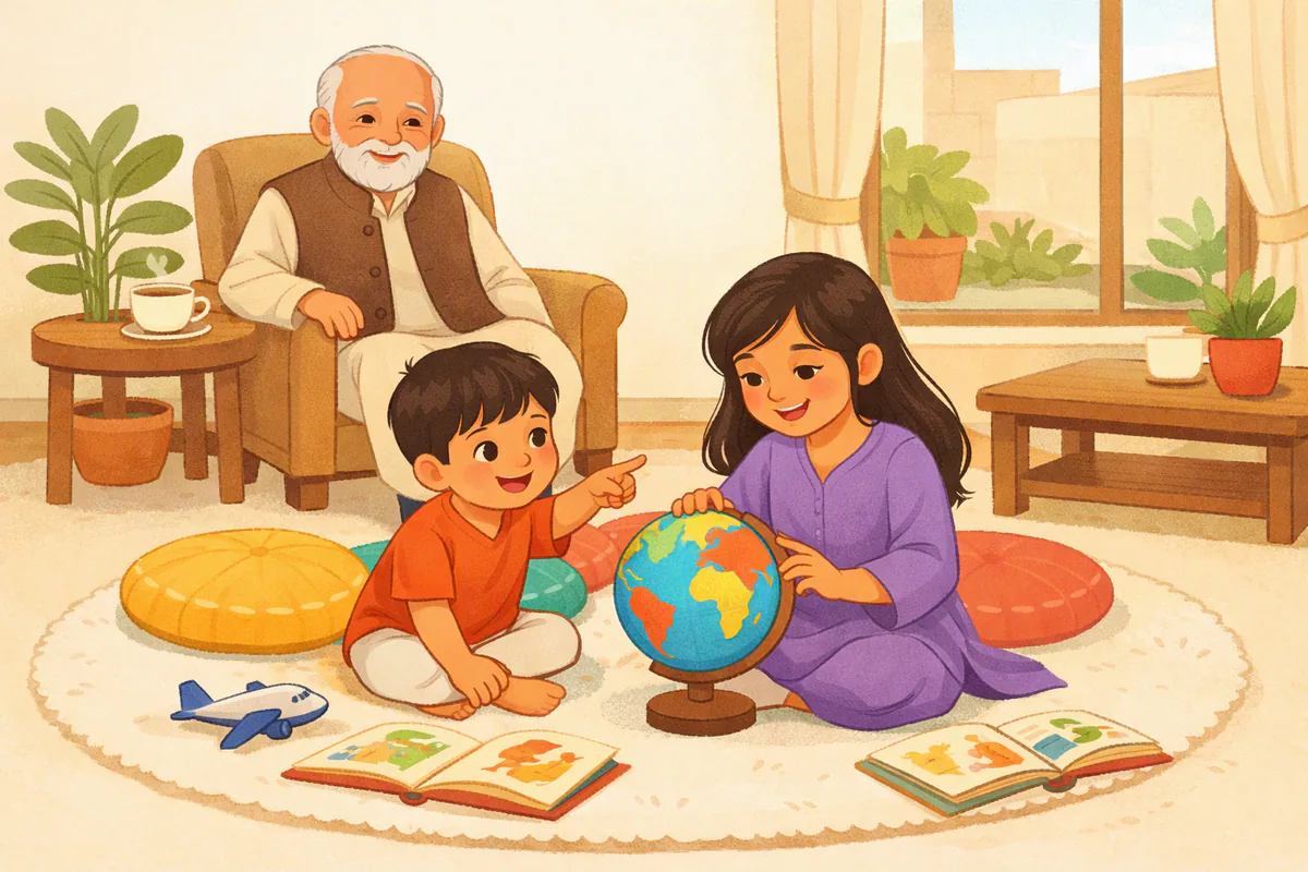بہن بھائی فرش پر بیٹھے گلوب گھما رہے ہیں، پاس تصویری کتابیں اور کھلونا جہاز ہے، دادا کرسی پر بیٹھے مسکرا رہے ہیں