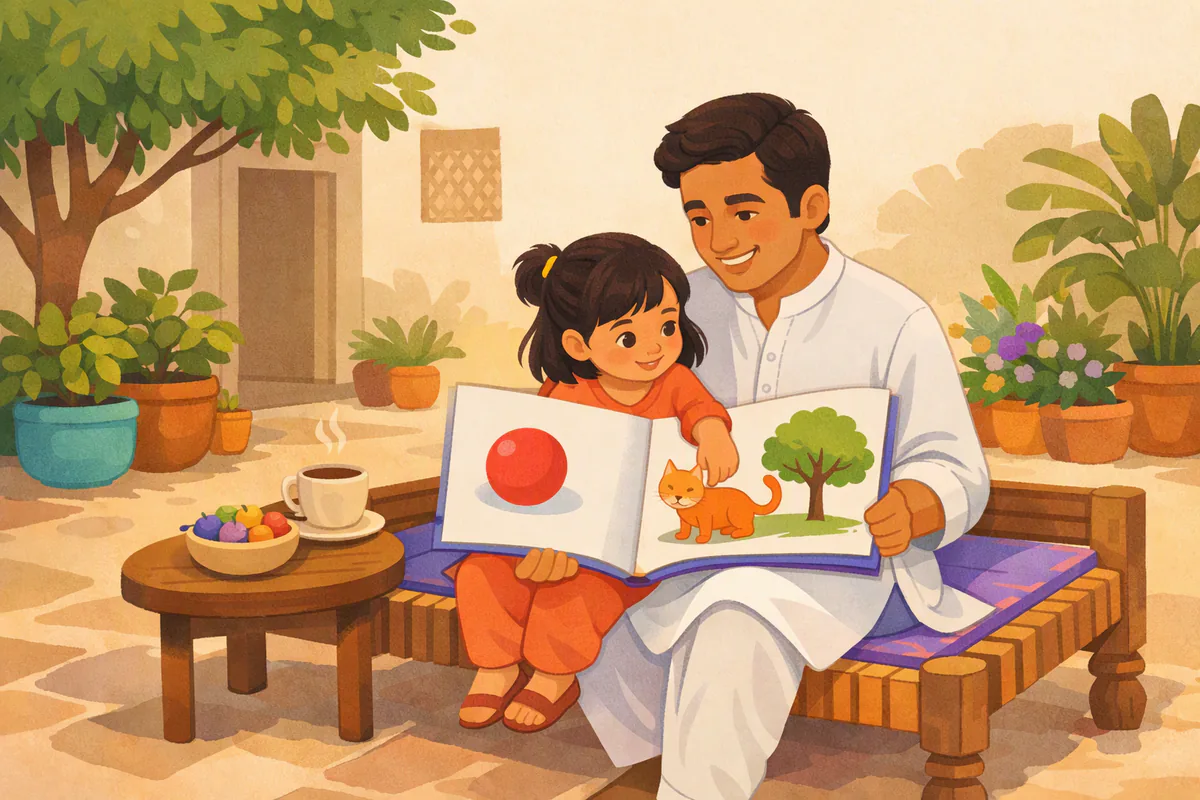 ابو صحن میں تخت پر بیٹی کو گود میں لیے تصویری کتاب دیکھ رہے ہیں، بچی بلی کی تصویر پر انگلی رکھ کر اس کا نام بتا رہی ہے