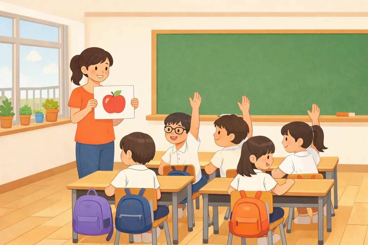 國小英語課的教室,老師舉起畫著蘋果的圖卡,穿制服的學生舉手搶答