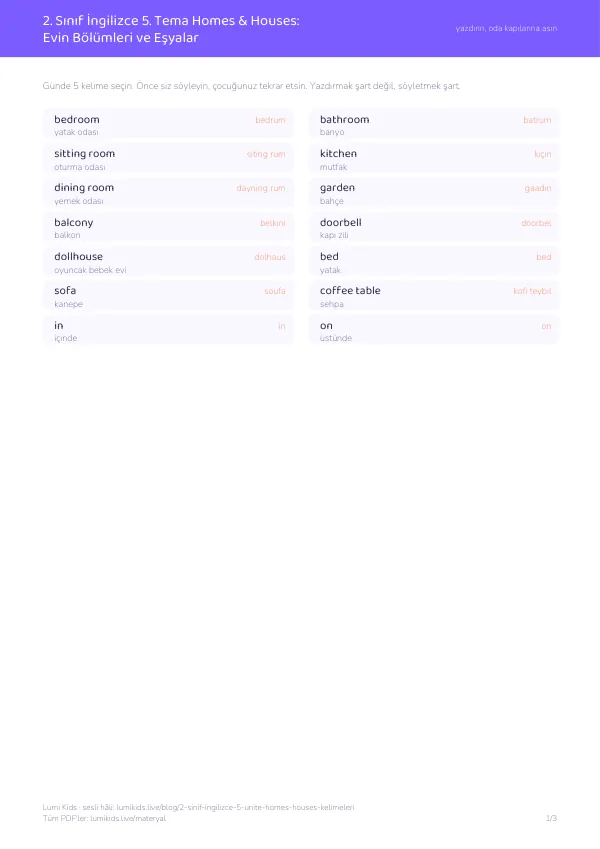 2. sınıf İngilizce 5. ünite Homes & Houses & Neighbourhoods kelime listesi PDF önizlemesi: bedroom, bathroom, sitting room…