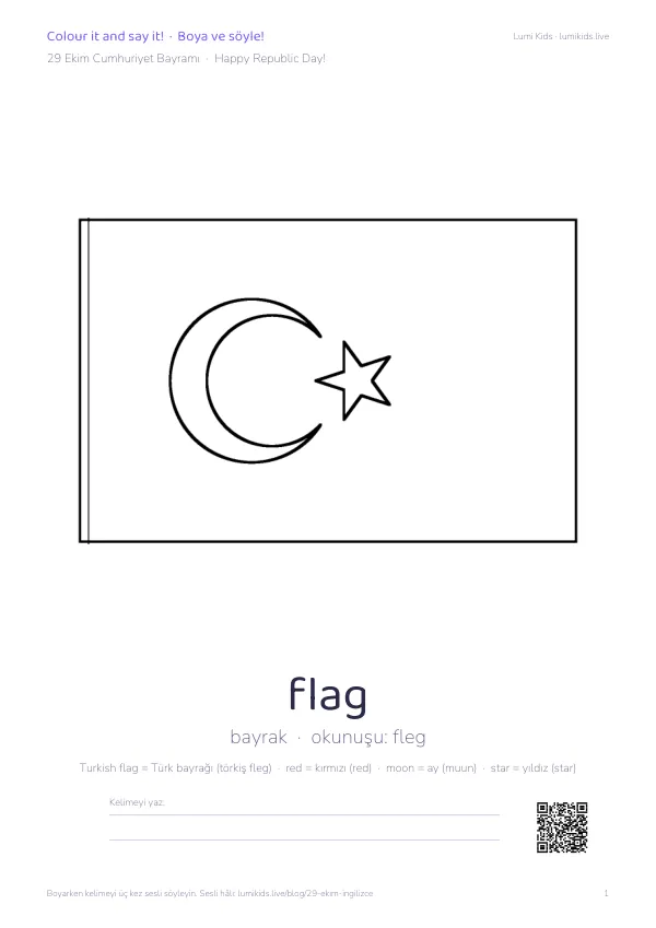 29 Ekim Boyama Sayfaları PDF önizlemesi: Türk bayrağı (flag) boyama sayfası, kelime, Türkçesi ve okunuşu