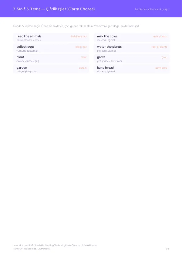 3. sınıf İngilizce 5. ünite çiftlik işleri kelime listesi PDF önizlemesi: feed the animals, milk the cows, collect eggs ve…