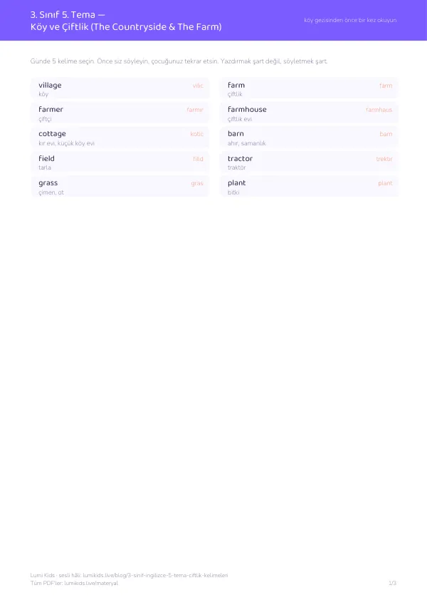 3. sınıf İngilizce 5. ünite Homes & Houses & The Neighbourhood kelime listesi PDF önizlemesi: village, farm, farmer ve…