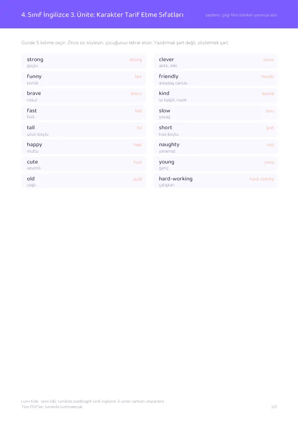 4. sınıf İngilizce 3. ünite karakter tarif etme sıfatları kelime listesi PDF önizlemesi: strong, clever, funny ve Türkçeleri