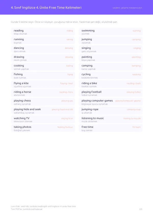4. sınıf İngilizce 4. ünite Free Time kelime listesi PDF önizlemesi: reading, swimming, running ve Türkçeleri