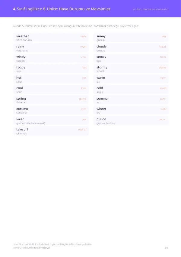 4. sınıf İngilizce 8. ünite hava durumu ve mevsimler kelime listesi PDF önizlemesi: weather, sunny, rainy ve Türkçeleri