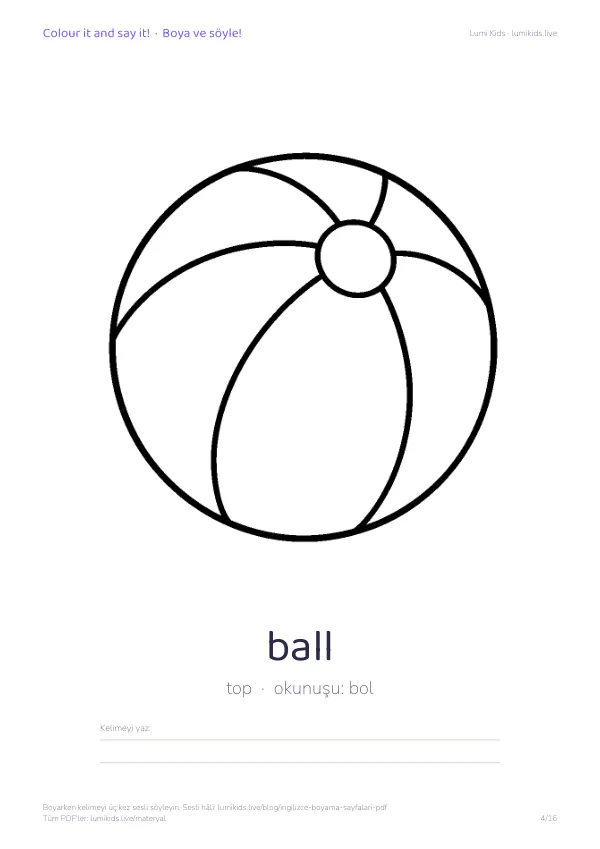 ball (top) boyama sayfası – İngilizce kelimeli, yazdırılabilir