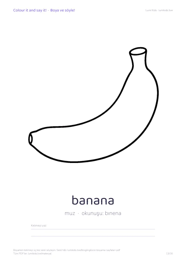 banana (muz) boyama sayfası – İngilizce kelimeli, yazdırılabilir