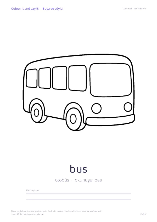 bus (otobüs) boyama sayfası – İngilizce kelimeli, yazdırılabilir