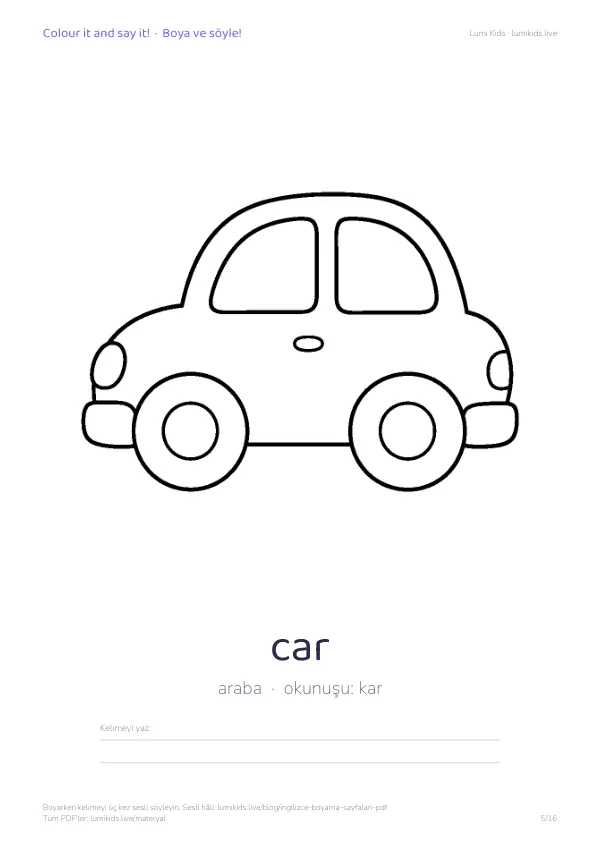 car (araba) boyama sayfası – İngilizce kelimeli, yazdırılabilir