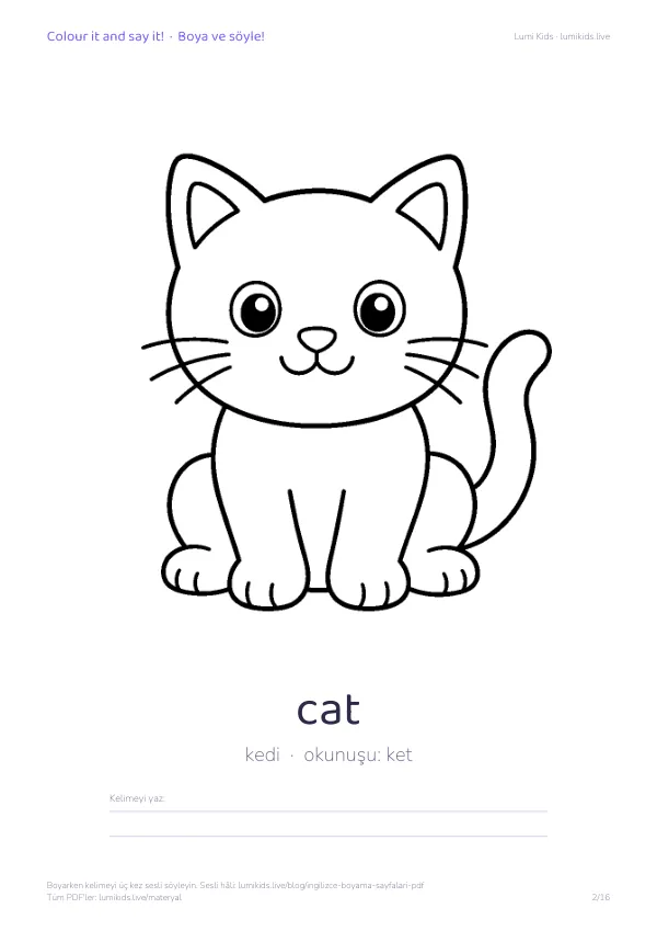cat (kedi) boyama sayfası – İngilizce kelimeli, yazdırılabilir