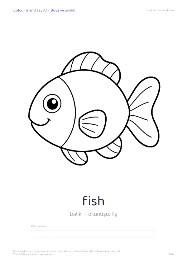 fish (balık) boyama sayfası – İngilizce kelimeli, yazdırılabilir