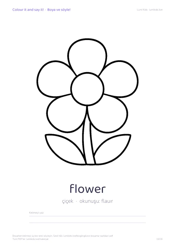 flower (çiçek) boyama sayfası – İngilizce kelimeli, yazdırılabilir