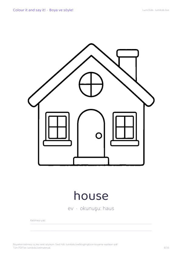 house (ev) boyama sayfası – İngilizce kelimeli, yazdırılabilir