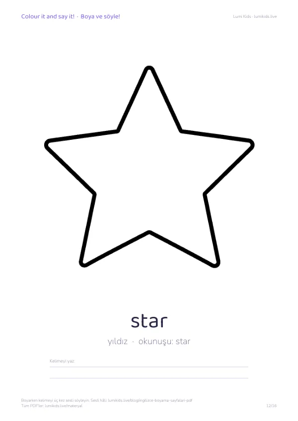star (yıldız) boyama sayfası – İngilizce kelimeli, yazdırılabilir