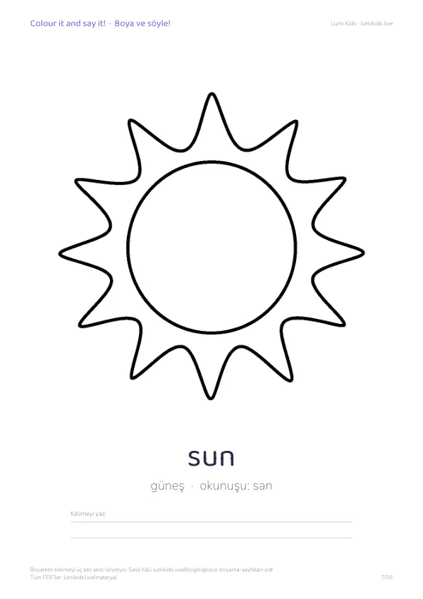 sun (güneş) boyama sayfası – İngilizce kelimeli, yazdırılabilir