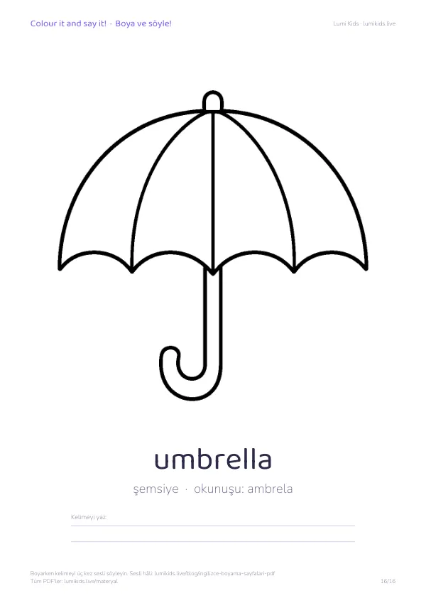 umbrella (şemsiye) boyama sayfası – İngilizce kelimeli, yazdırılabilir