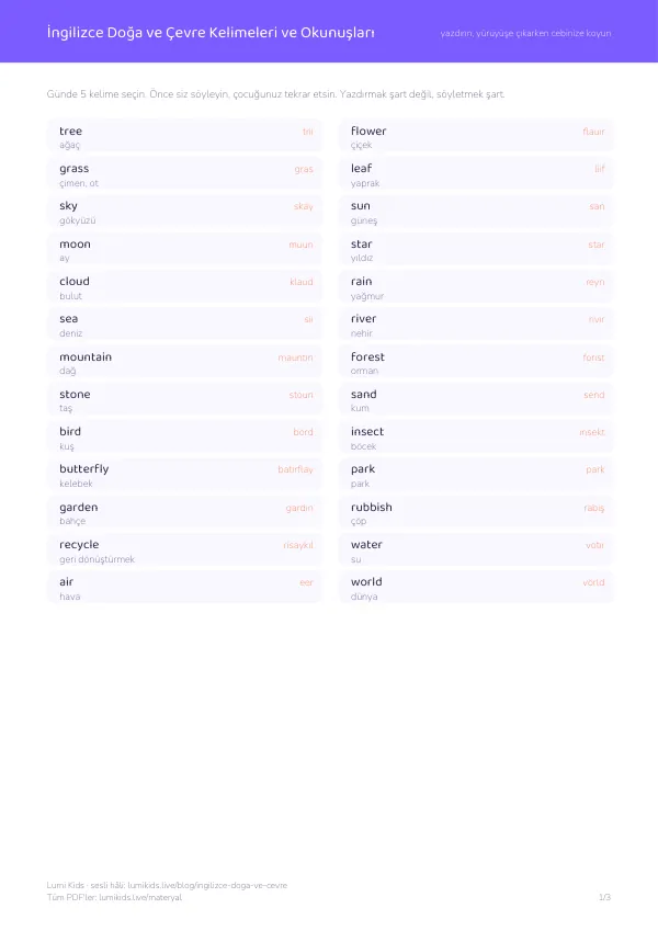 İngilizce doğa ve çevre kelime listesi, PDF 1. sayfa: tree, flower, grass ve Türkçe okunuşları
