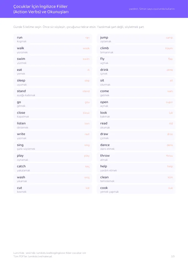 İngilizce fiiller kelime listesi, PDF 1. sayfa: run, jump, walk ve Türkçe okunuşları