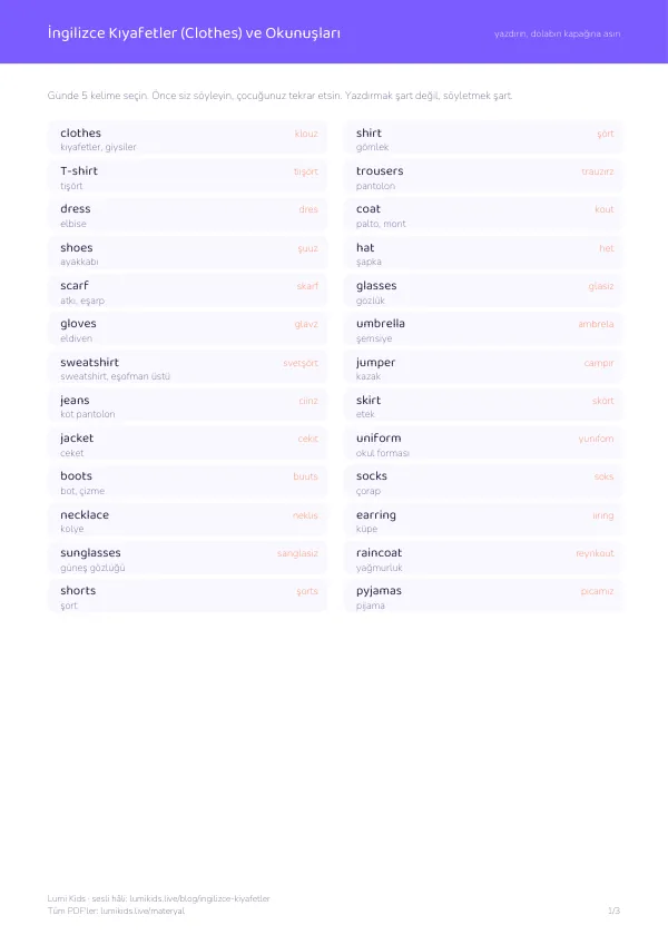 İngilizce kıyafetler kelime listesi, PDF 1. sayfa: clothes, shirt, T-shirt ve Türkçe okunuşları