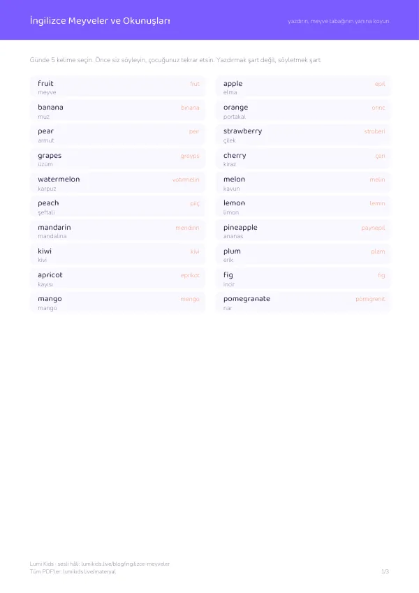 İngilizce meyveler kelime listesi, PDF 1. sayfa: fruit, apple, banana ve Türkçe okunuşları