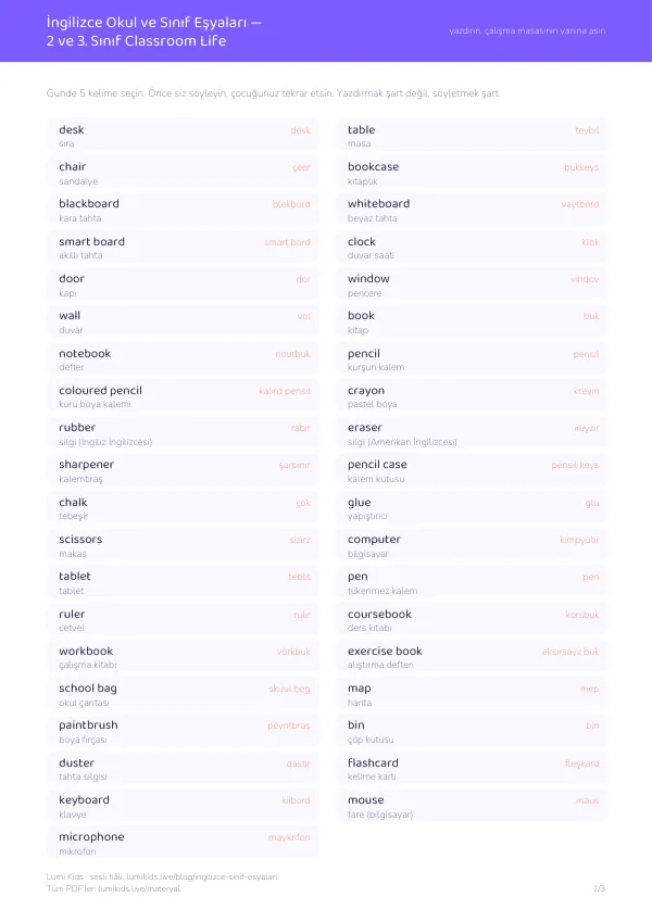 İngilizce sınıf ve okul eşyaları kelime listesi, PDF 1. sayfa: desk, table, chair ve Türkçe okunuşları
