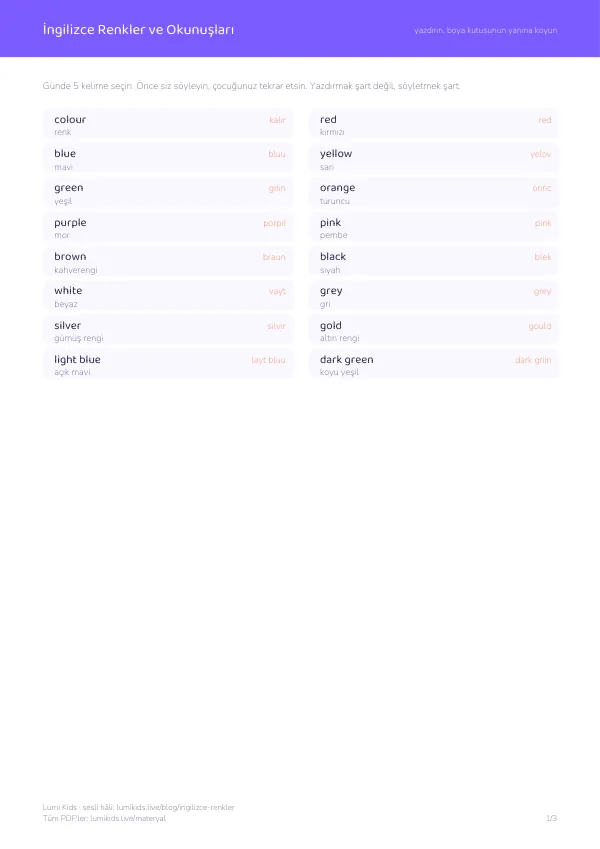 İngilizce renkler kelime listesi, PDF 1. sayfa: colour, red, blue ve Türkçe okunuşları