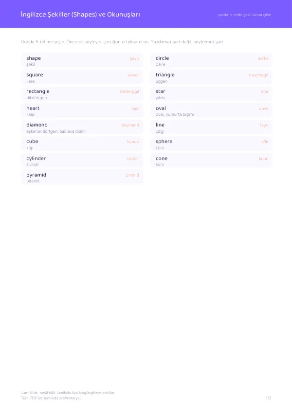 İngilizce şekiller kelime listesi, PDF 1. sayfa: shape, circle, square ve Türkçe okunuşları