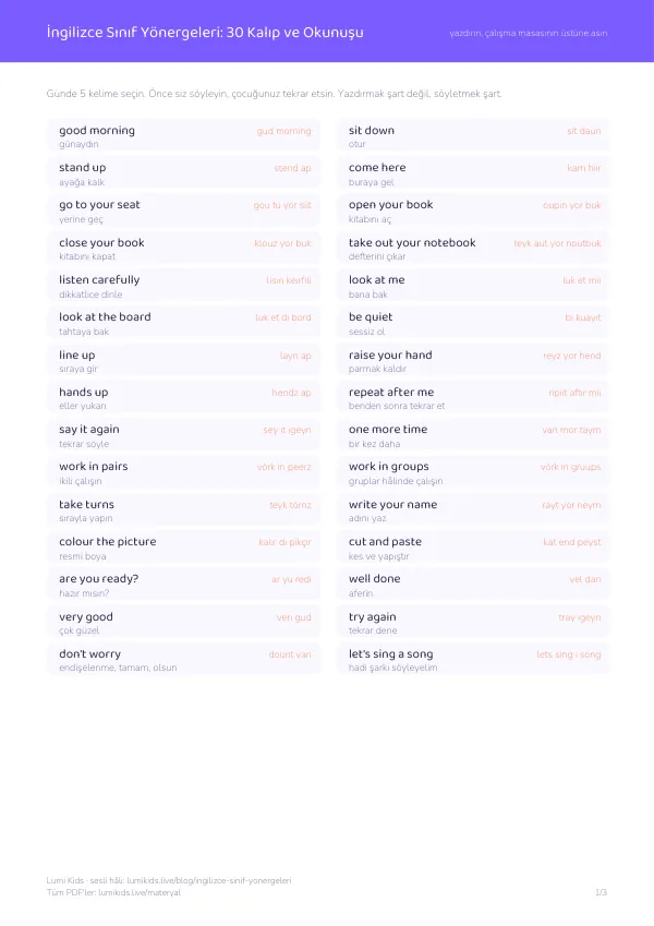 İngilizce sınıf yönergeleri kelime listesi, PDF 1. sayfa: good morning, sit down, stand up ve Türkçe okunuşları
