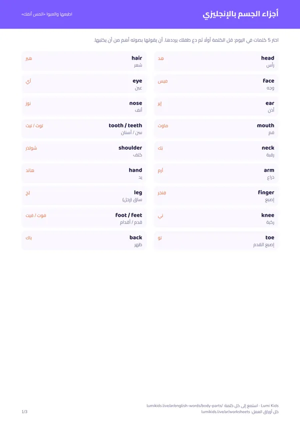 أجزاء الجسم بالإنجليزي مع النطق: الصفحة الأولى من ملف PDF