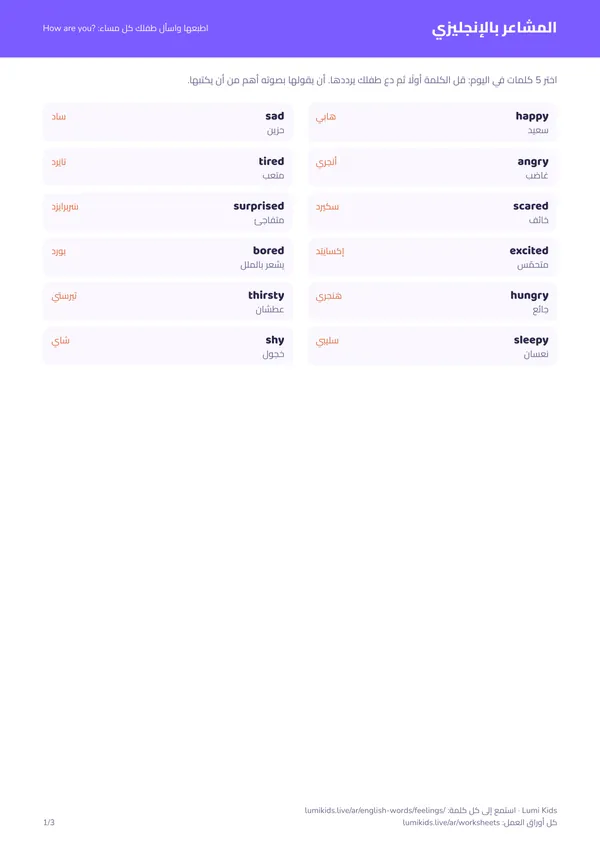 المشاعر بالإنجليزي مع النطق: الصفحة الأولى من ملف PDF