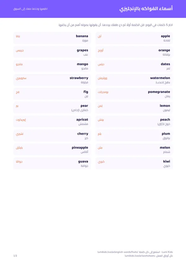 أسماء الفواكه بالإنجليزي مع النطق: الصفحة الأولى من ملف PDF