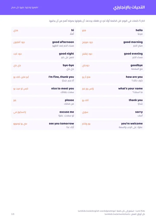 التحيات بالإنجليزي مع النطق: الصفحة الأولى من ملف PDF
