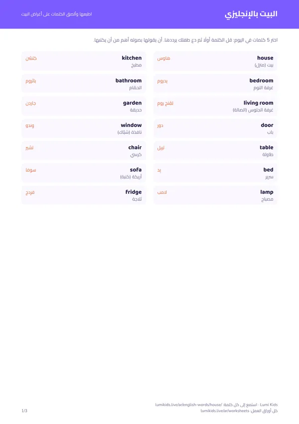 البيت بالإنجليزي: الغرف والأثاث مع النطق: الصفحة الأولى من ملف PDF