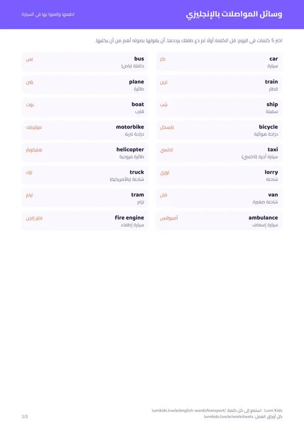 وسائل المواصلات بالإنجليزي مع النطق: الصفحة الأولى من ملف PDF